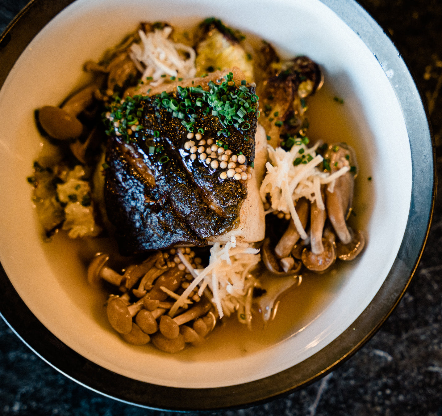 Seared Black Cod and Cabbage with Pickled Mushrooms and Horseradish